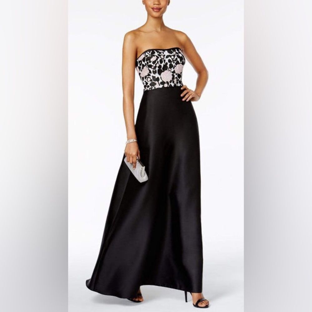 Adrianna Papell Black Gown with Floral Strapless Bodice
